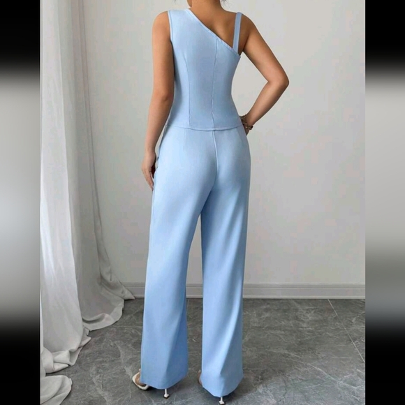 2pcs Spring/Summer Spaghetti Strap Button Sleeveless Vest And Straight Leg Pants - Picture 2 of 4